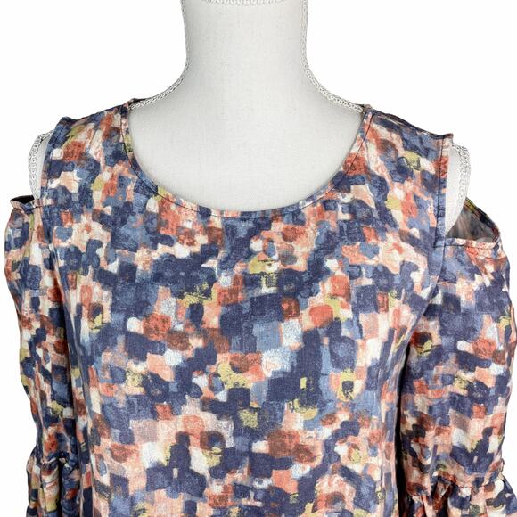 John Mark Linen Cold Shoulder Bell Sleeve Tunic Top Watercolor Print M - Picture 3 of 9